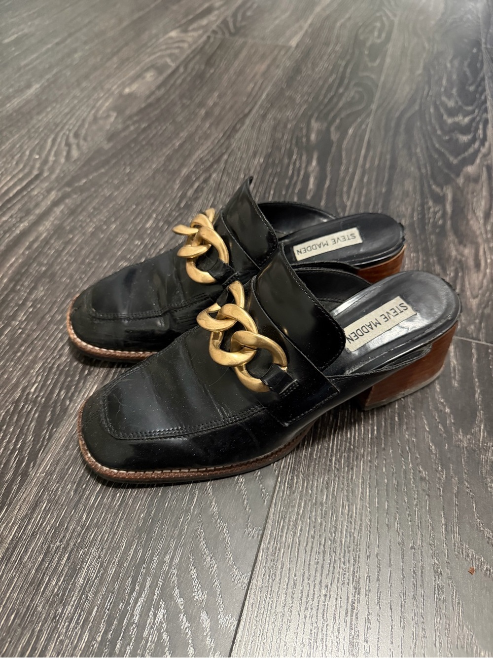 Steve Madden Black Leather Mule Loafers with Gold Chain